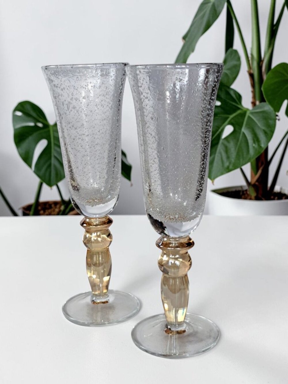 Set of Two Pottery Barn 9” Champagne Flutes Bubble Glass Amber Stem